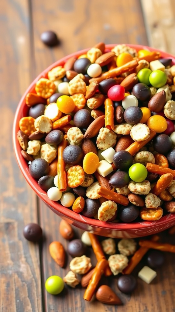 A bowl of ultimate snack mix with pretzels, almonds, chocolate candies, and dried fruits on a wooden table.